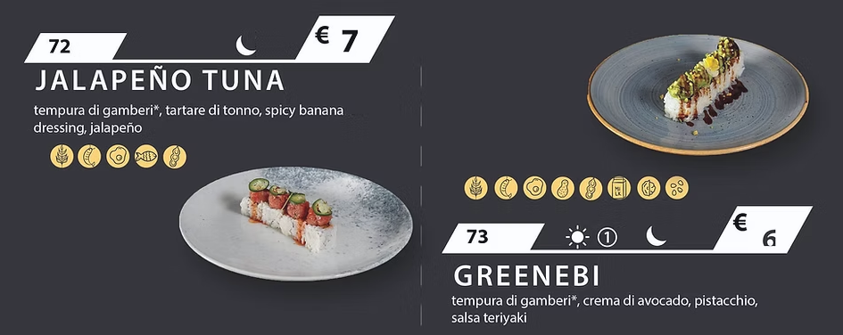 Hosomaki e Roll: piatti 72 Jalapeño Tuna e 73 Greenebi